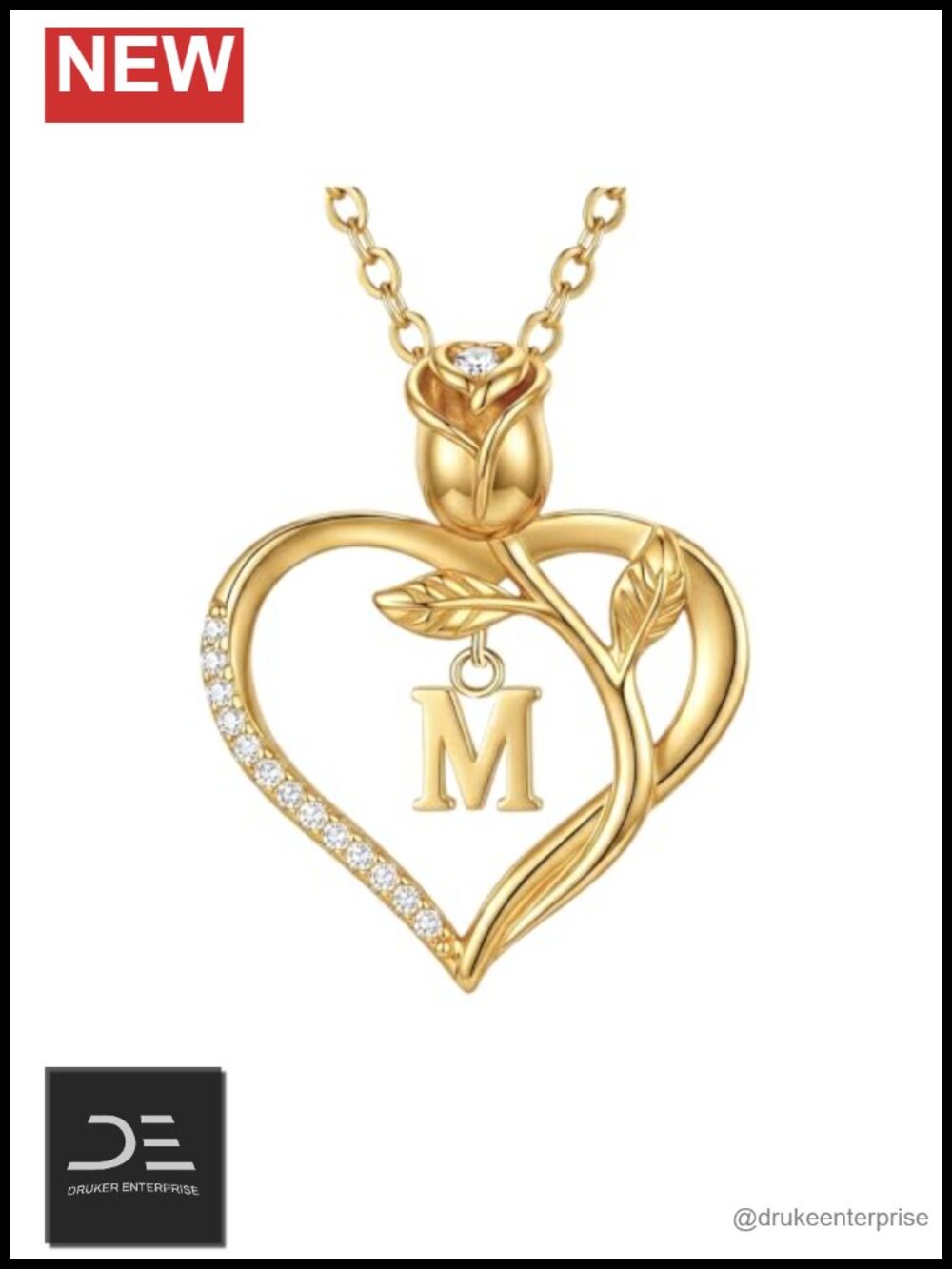 14K Gold Plated Heart Initial Pendant Necklace Cubic Zirconia Women Gift